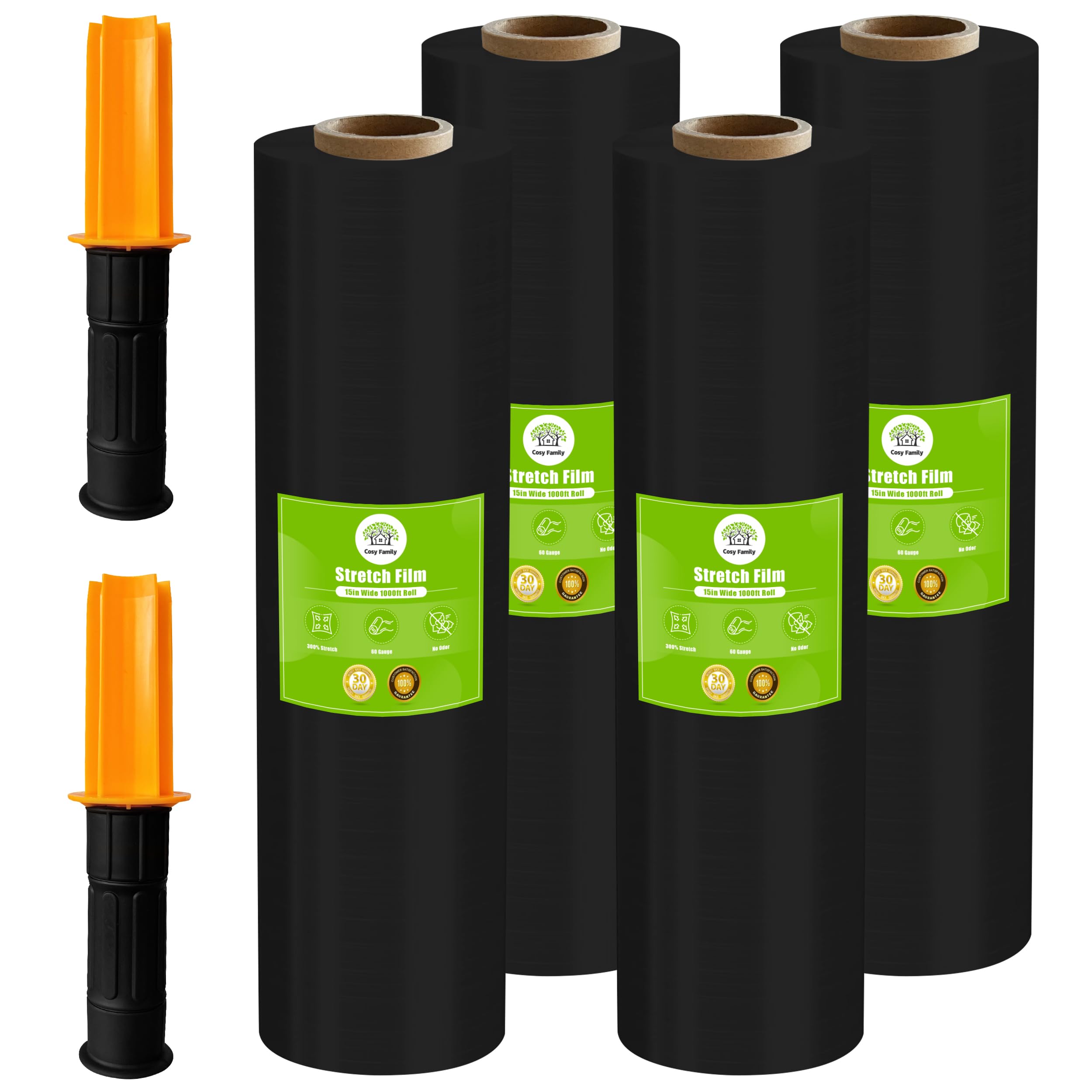 Photo 1 of **HEAVY** Cosy Family Plastic Wrap Stretch Film Roll - 1000ft 60 Gauge Industrial Strength 15 inch Wide Plastic Wrap Roll with Handles for Pallet Wrapping Shipping Moving - Black, Pack of 4