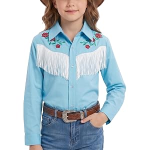 Spring&Gege Girls Western Shirt Cowgirl Fringe Floral Embroidered Pearl Snap Button Down Long Sleeve Blouse Tops