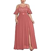 MISSMAY Women's Plus Size Sequins Lace Off Shoulder Short Sleeves Slit Formal Wedding Guest Chiffon Long Dress
