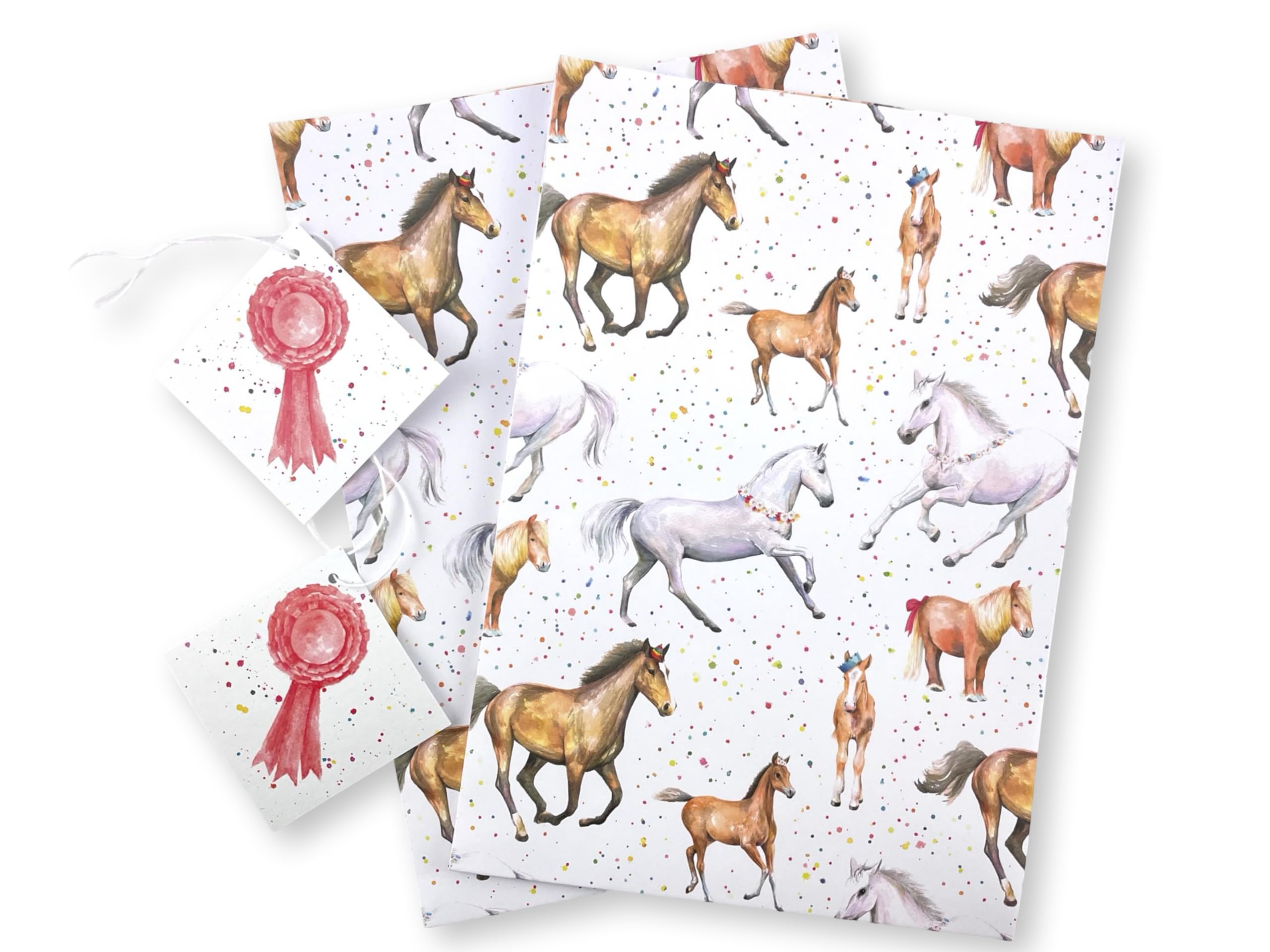 Horse Birthday Party 100% Recycled and Recyclable Eco Printed Gift Wrapping Paper - 2 sheets and 2 tags - Fun, Cute, Colourful Gift Wrap