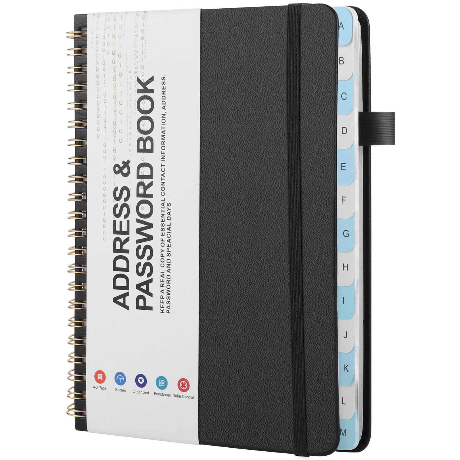 Thboxes Password Book & Address Book with Alphabetical Tabs, Black Spiral Telephone Book 100gsm Paper for Password and Address Management, 128 Pages, 7.7 X 5.5"