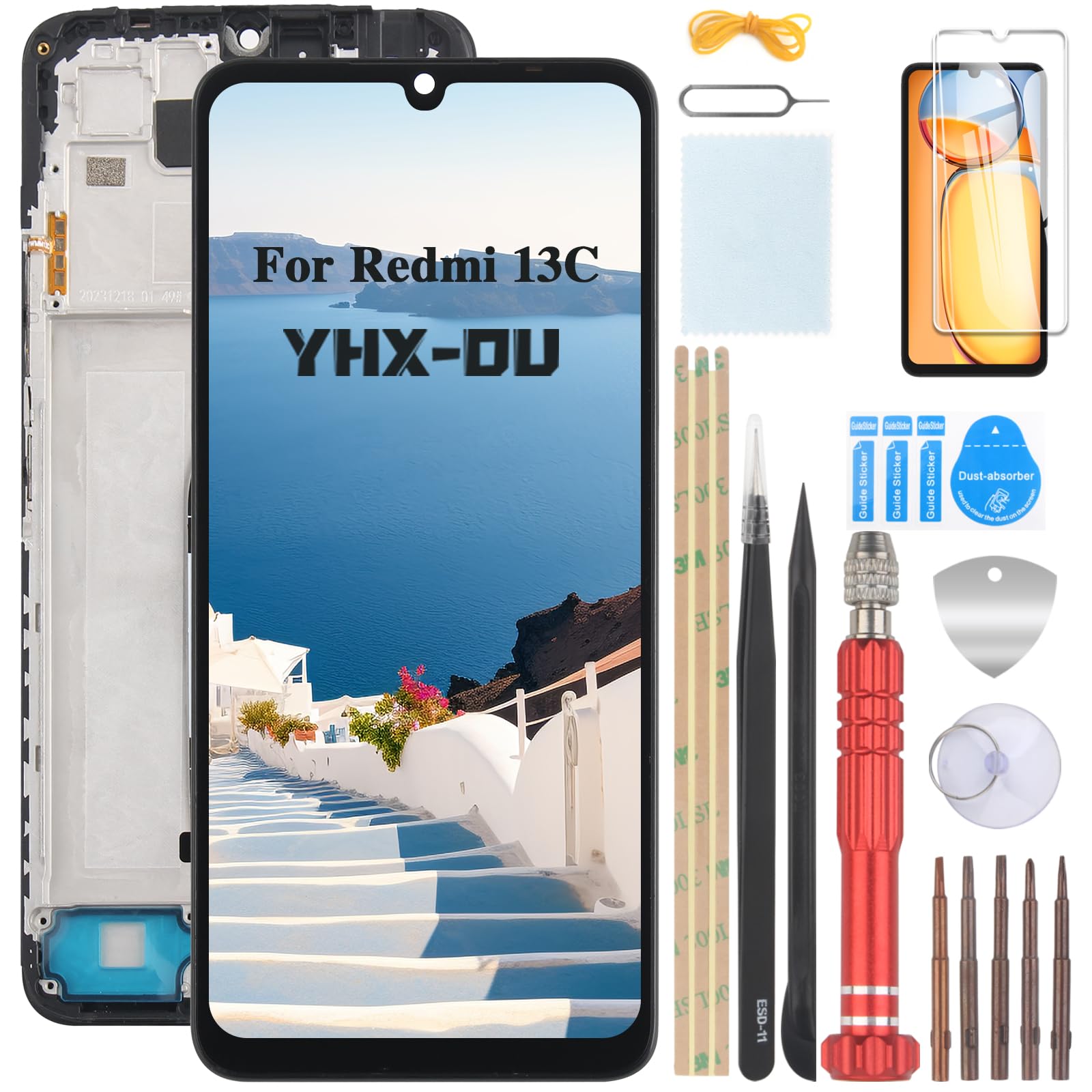 YHX-OU 6.74 Inch Black + Frame Display for Xiaomi Redmi 13C 23100RN82L, 23106RN0DA, 23108RN04Y, 2311DRN14I LCD Display Touchscreen Screen Digitizer Assembly Glass with Tool + 1 x Screen Protector