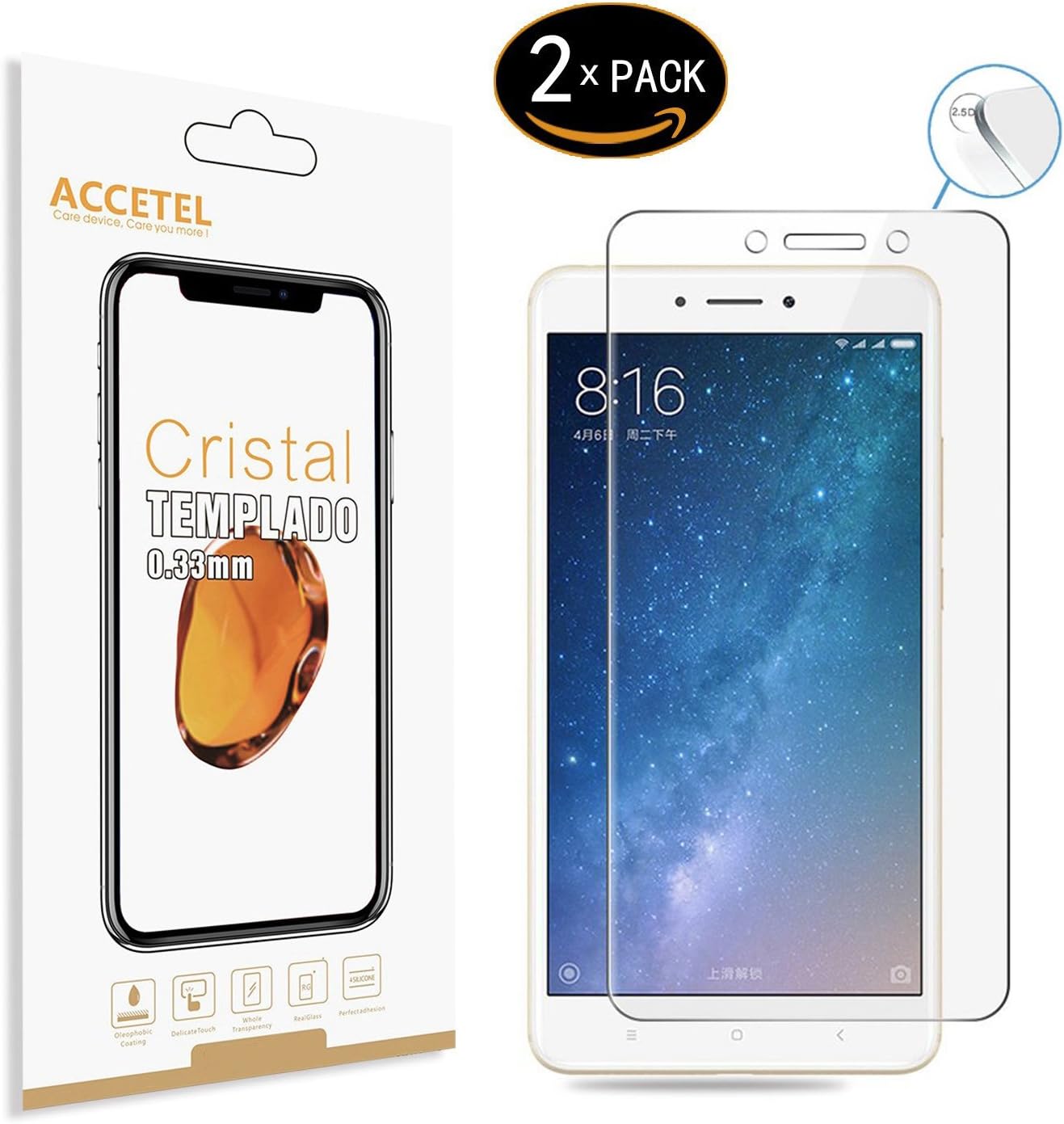 Accetel Screen protector for Xiaomi Mi Max 2 shatterproof screen protector tempered glass film compatible with Xiaomi Mi Max 2 6.44'' inches transparent 3-PACK