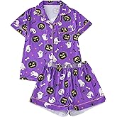 Women 2PCS Halloween Pajamas Set Cute Short Sleeve Pumpkin Ghost Print Shirt + Shorts Set Lounger