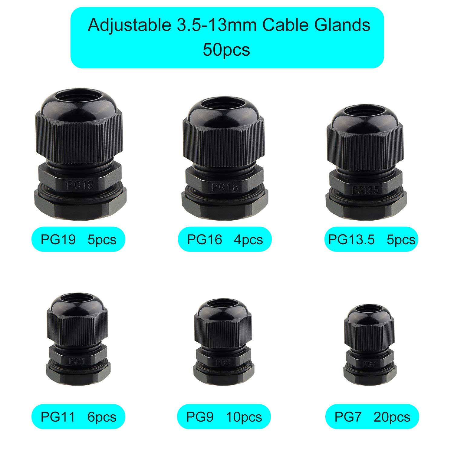 Tuparka Cable Glands TUPARKA 50 Pack Cable Gland Waterproof Adjustable 3- 16mm Electrical Connectors
