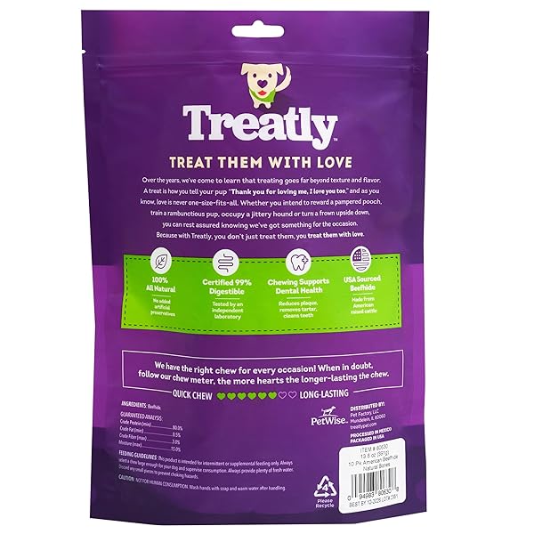 TREATLY AMERICAN SOURCED BEEFHIDE BONES 4-5″ DOG CHEW TREATS – NATURAL FLAVOR, 10 COUNT/1 PACK