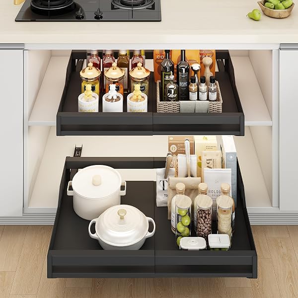 WONCHERRY EXPANDABLE PULL OUT CABINET ORGANIZER, ADJUSTABLE(13″-21.7″W X16.9″D) SLIDING DRAWER ORGANIZER, NO SCREW/PUNCH SLIDE OUT UNDER SINK CABINET STORAGE SHELF FOR KITCHEN PANTRY HOME, BLACK 1PACK