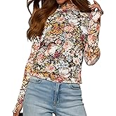 Dressmine Long Sleeve Mesh Tops for Women Mock Neck Floral Blouse Layering Sexy Fitted Going Out Top