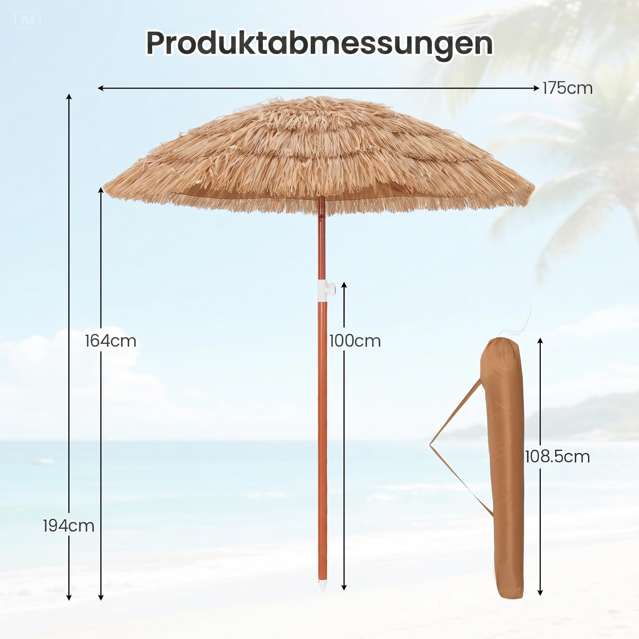 GOPLUS Sonnenschirm Hawaii, Ø 155 cm Sonnenschirm Stroh von 140-190 cm Höhenverstellbar, Strohschirm um 40° knickbar, Hawaii Schirm mit Tragetasche, Strandschirm für Strand, Balkon & Garten 6