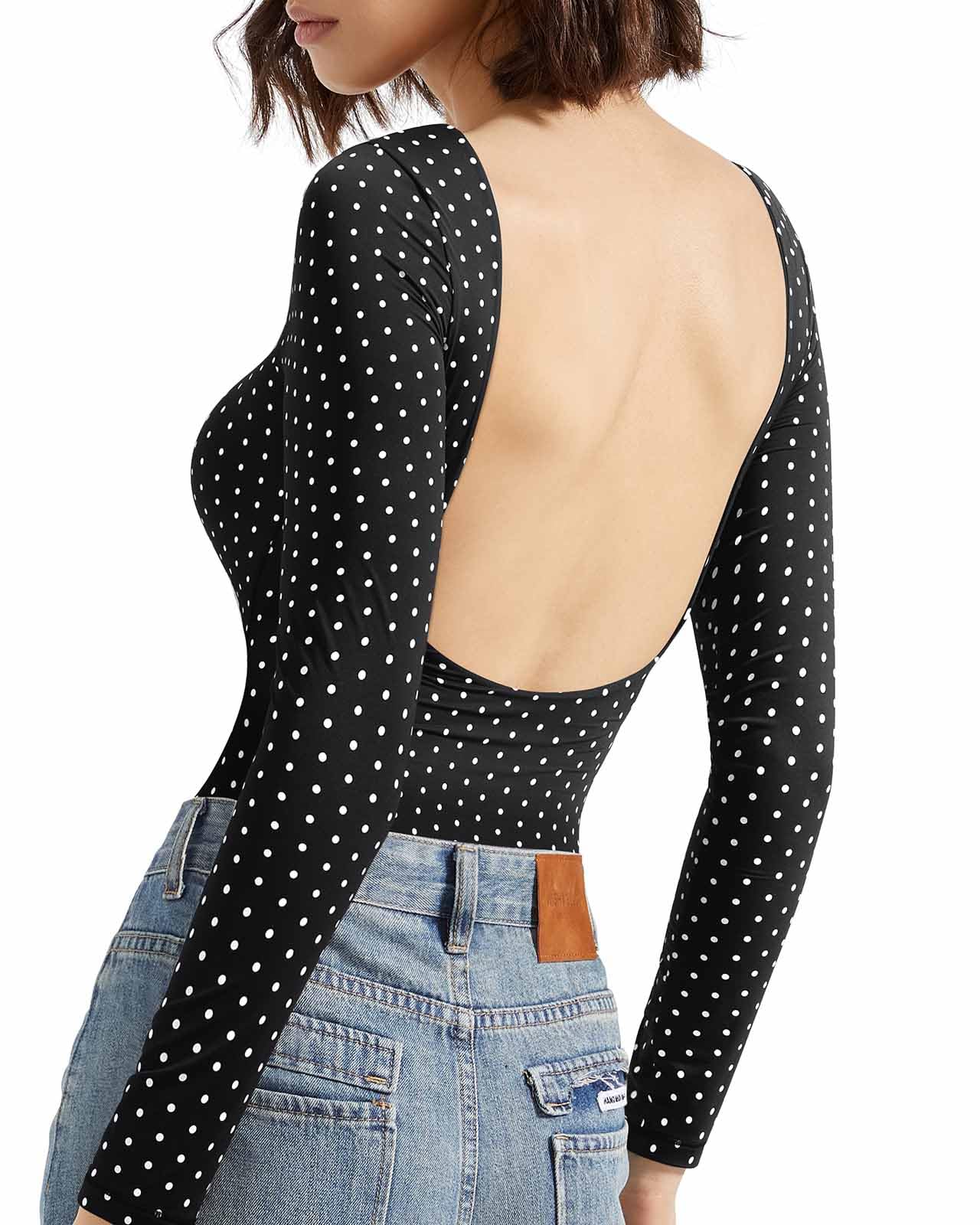 Photo 1 of (large) SUUKSESS Women Backless Y2k Long Sleeve Bodysuit Double Lined Open Back Sexy Basic Top(Pulka Dots Black,Large)