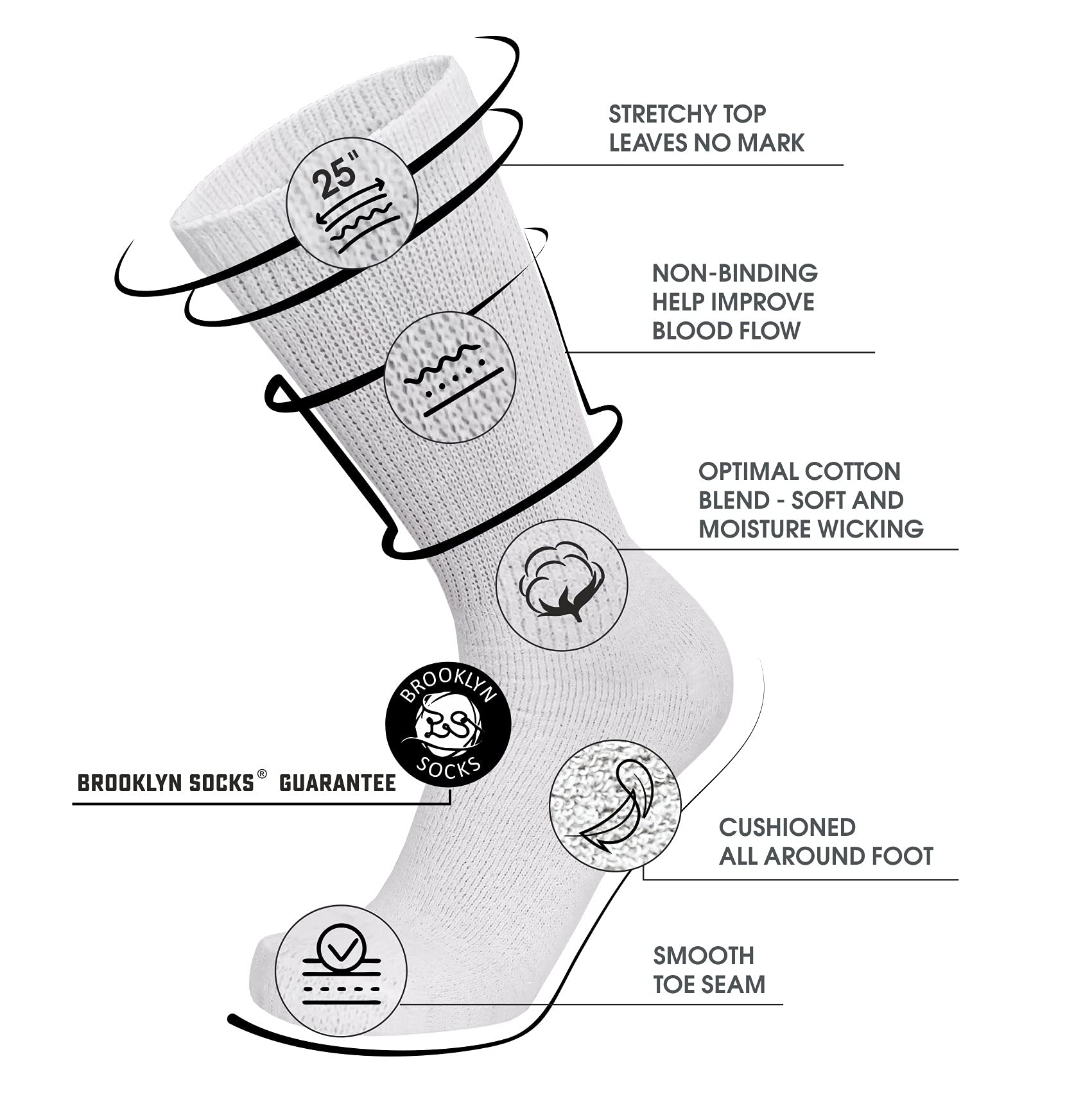 6 Pairs of Cotton Diabetic Neuropathy Crew Socks (10-13, Fits Mens shoe size 9-12, White)