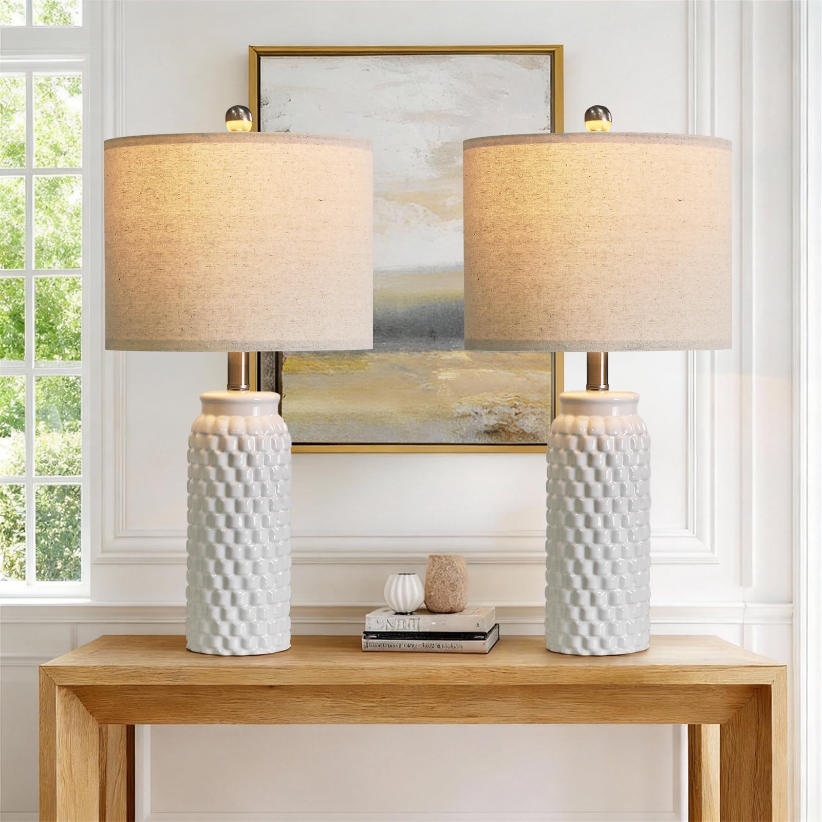 USumkky 24" Modern Ceramic White Bedside Lamp Set of 2 Table Lamp for Bedroom Decor Farmhouse Table Lamp for Living Room Office Dorm Image