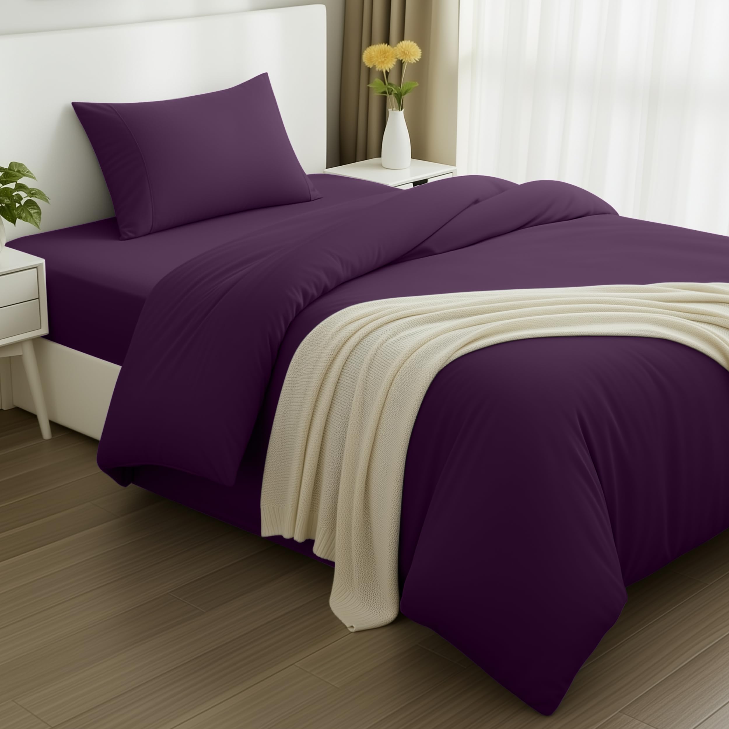 Utopia Bedding 3 Piece Single Bedding Set - Duvet Cover, Fitted Sheet with Pillow case - Soft Brushed Microfiber (Purple)