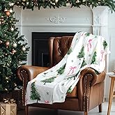 Pink Bow Christmas Tree Flannel Throw Blanket Pastel Soft Fuzzy Plush Cozy Fleece Blanket 50 x 60 Inch Coquette Bows Xmas Tree Gifts for Women Girls Sofa Couch Travel Bed Home Decoration