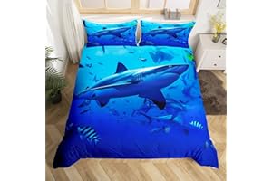 Erosebridal Shark Bedding Duvet Cover Ocean Comforter Cover Watercolor Fish Quilt Cover Sea Animal Bedspread,Decoration Bedding Sets 3 Pcs with 2 Pillowcases (Blue,Queen)