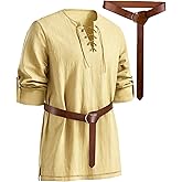 PARTTELY Mens Pirate Shirt Cotton Linen Long Sleeve Lace Up Renaissance Shirt Medieval Costume Men with Belt for Halloween