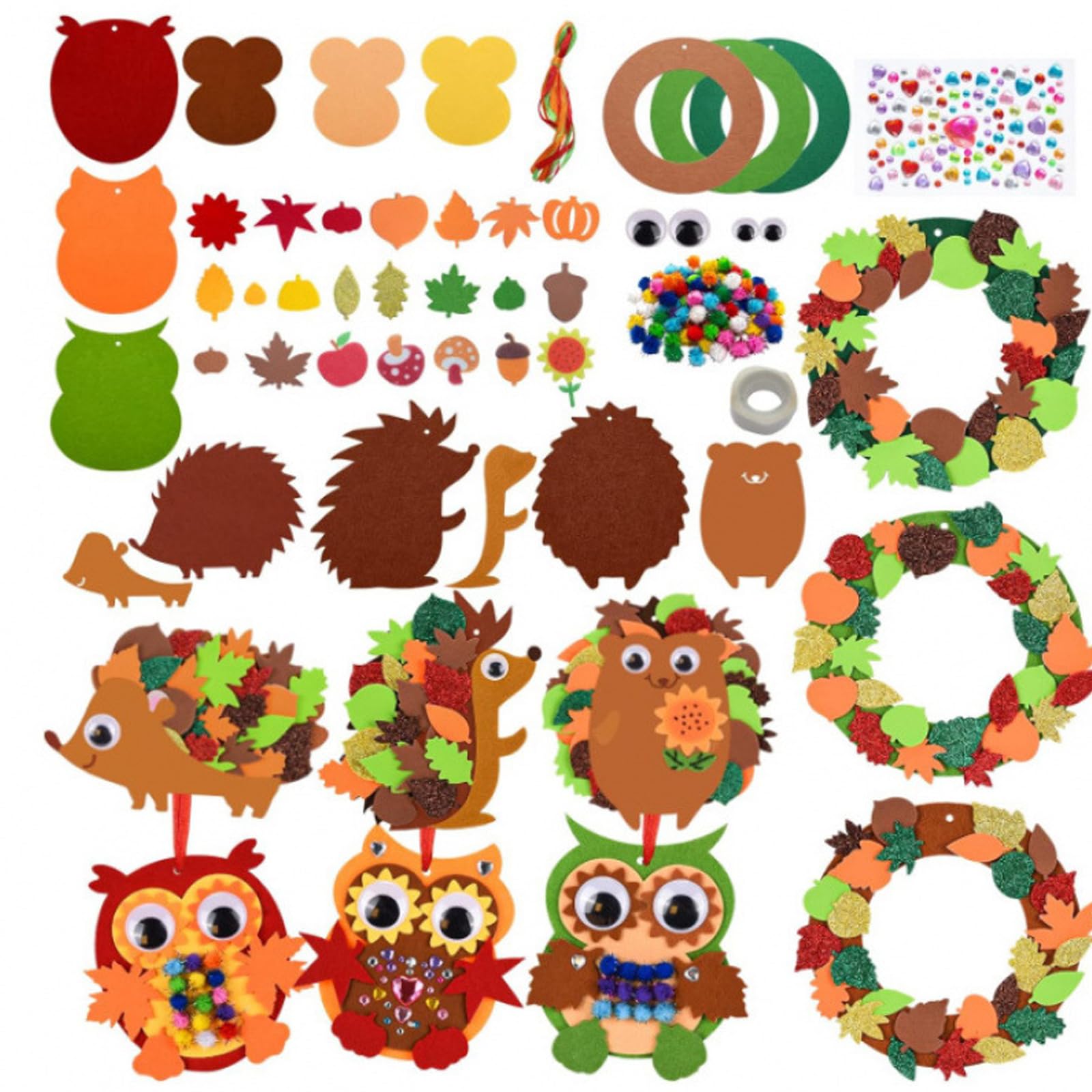 Maslasee 9 Piece Autumn Crafts for Kids Kit, DIY Fall Wreath Hedgehog Decor Set Autumn Animals Craft Kit for Thanksgiving Party Decorations Craft Kits for Kids