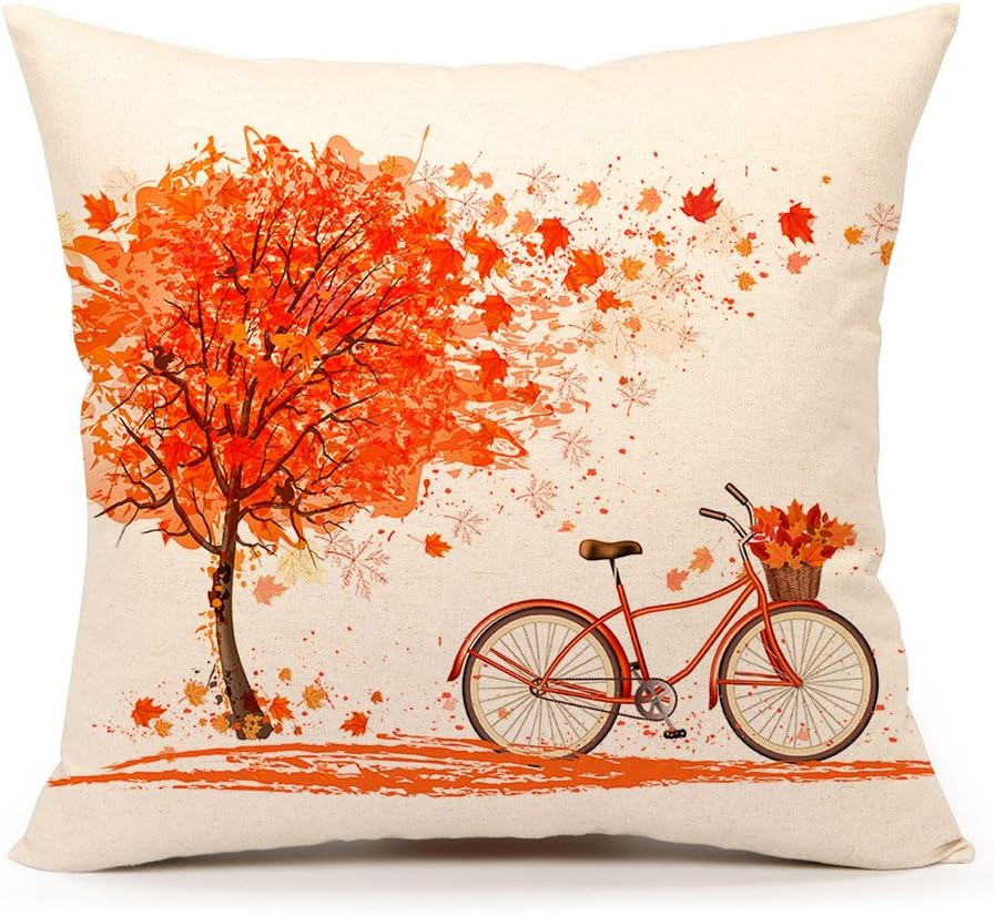 Sambosk Fall Throw Pillow Case Cushion Cover Home Decor 18 x 18 Inches(Autumn Maple Leaf Tree Bicycle)