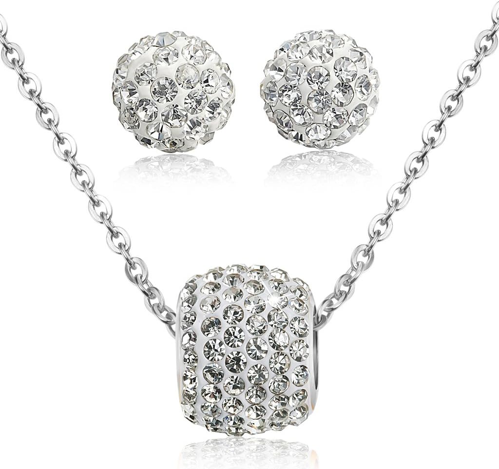 Jstyle Stainless Steel Cubic Zirconia Necklace for Women Ball Stud Earrings Jewelry Set Elegant