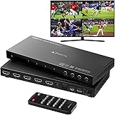 HDMI Multiviewer Switch 4x1 with PIP, PORTTA Quad Multi Viewer Seamless Switcher 4 in 1 Out with Toslink, 3.5mm Audio Output 