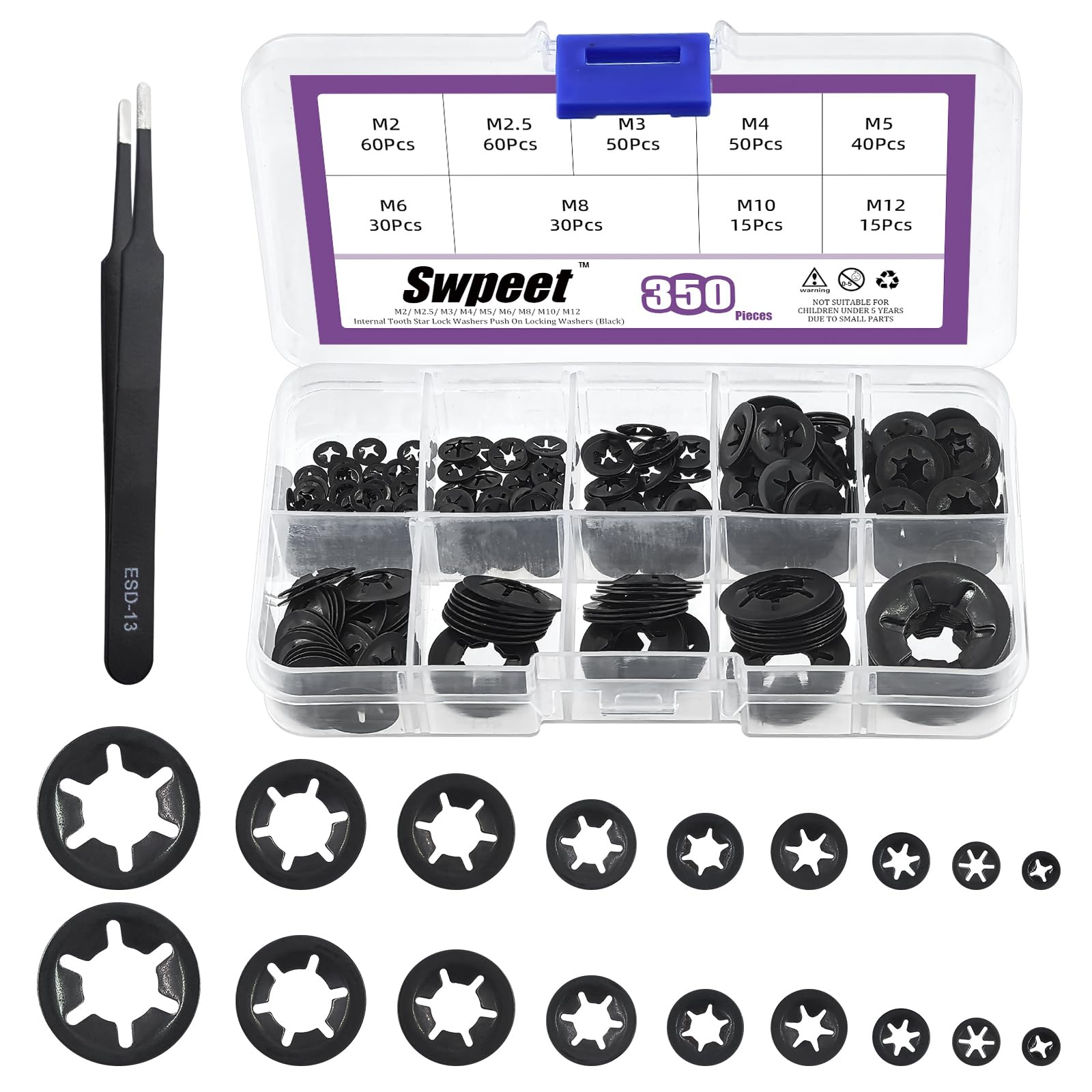 Swpeet 350Pcs 9 Sizes Manganese Steel Internal Tooth Lock Washers with Tweezers Kit, M2 M2.5 M3 M4 M5 M6 M8 M10 M12 Spring Push On Locking Nuts Speed Clips Internal Tooth Lock Washers Retainer