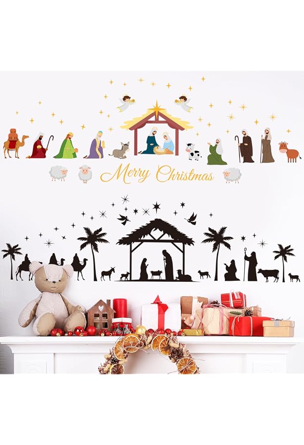Vinilo Decorativo Navideño Belén Y Feliz Navidad - 25x25 Cm, Fácil De Pegar Y Retirar Sin Dañar