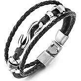 COOLSTEELANDBEYOND Mens Women Black Braided Leather Bracelet, Nautical Hook Charm, Three-strand Leather Wristband, Punk
