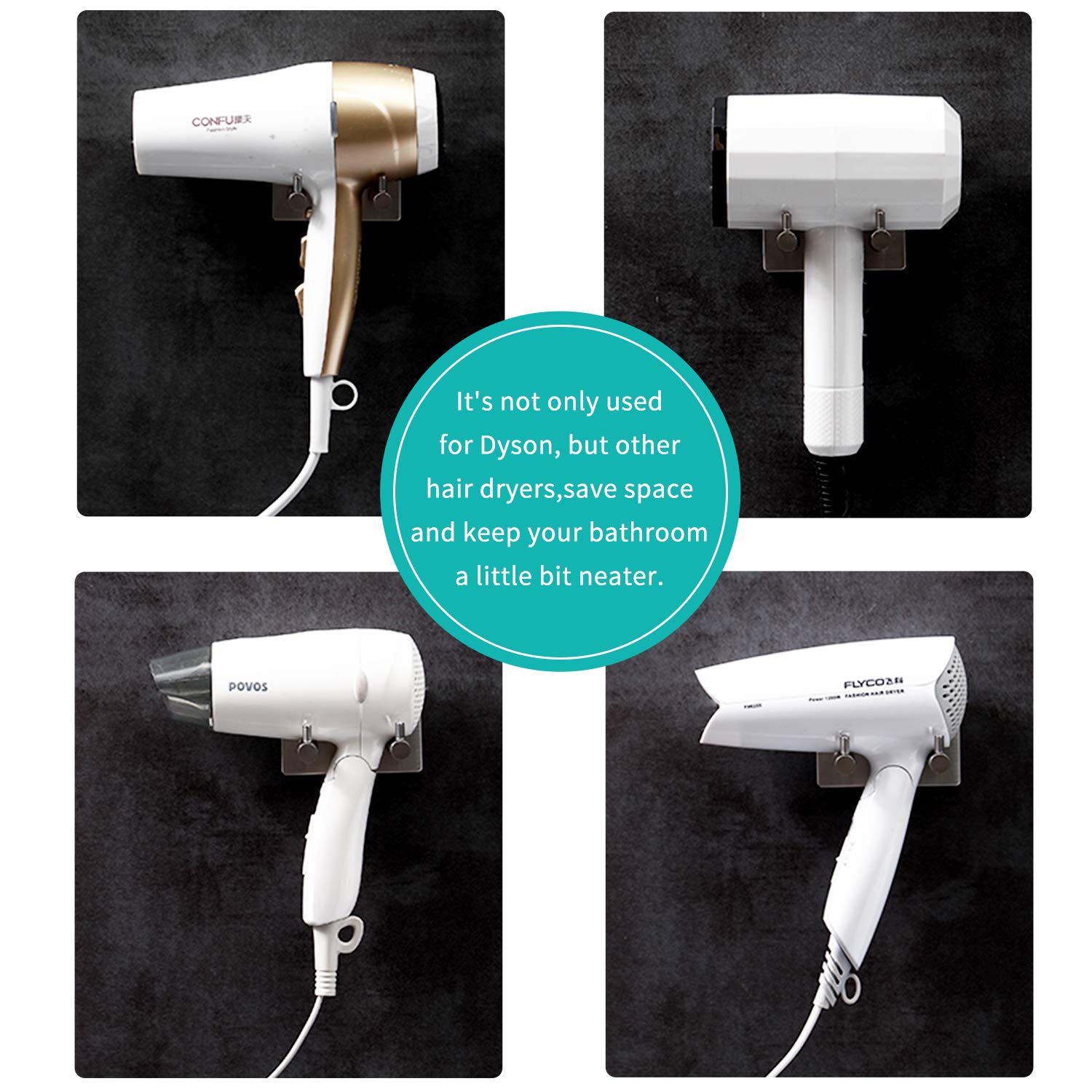 LIKAMU Hair Dryer Holder Wall Mounted with Self Adhesive, 304 Stainless Steel Hair Care & Styling Tool Storage Organizer Compatible with Dyson Hair Dryer