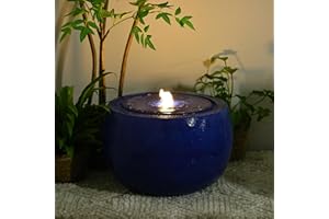 Tankana Indoor Fountain Round Water Feature Waterfall Modern with LED Lights & Pump and Pebbles for Home Decor Office Interior Design Patio, Ceramic-Like Elegance in Blue,17.7 "L x 17.7" W x 11.4" H.