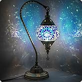 Yarra-Decor Turkish Moroccan Mosaic Glass Bedside Lamp (Blue2) | Handmade Stained Glass Shade, 3 Color Options, LED Bulb Included, 450 Lumens, Warm Ambient Night Light for Bedroom