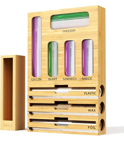 Organizer Cassetti Da Cucina DALSHABET 9 In 1 In Bambù | Porta Pellicola E Alluminio Con Taglierina | Porta Sacchetti E Dispenser Per Una Cucina Ordinata - 3