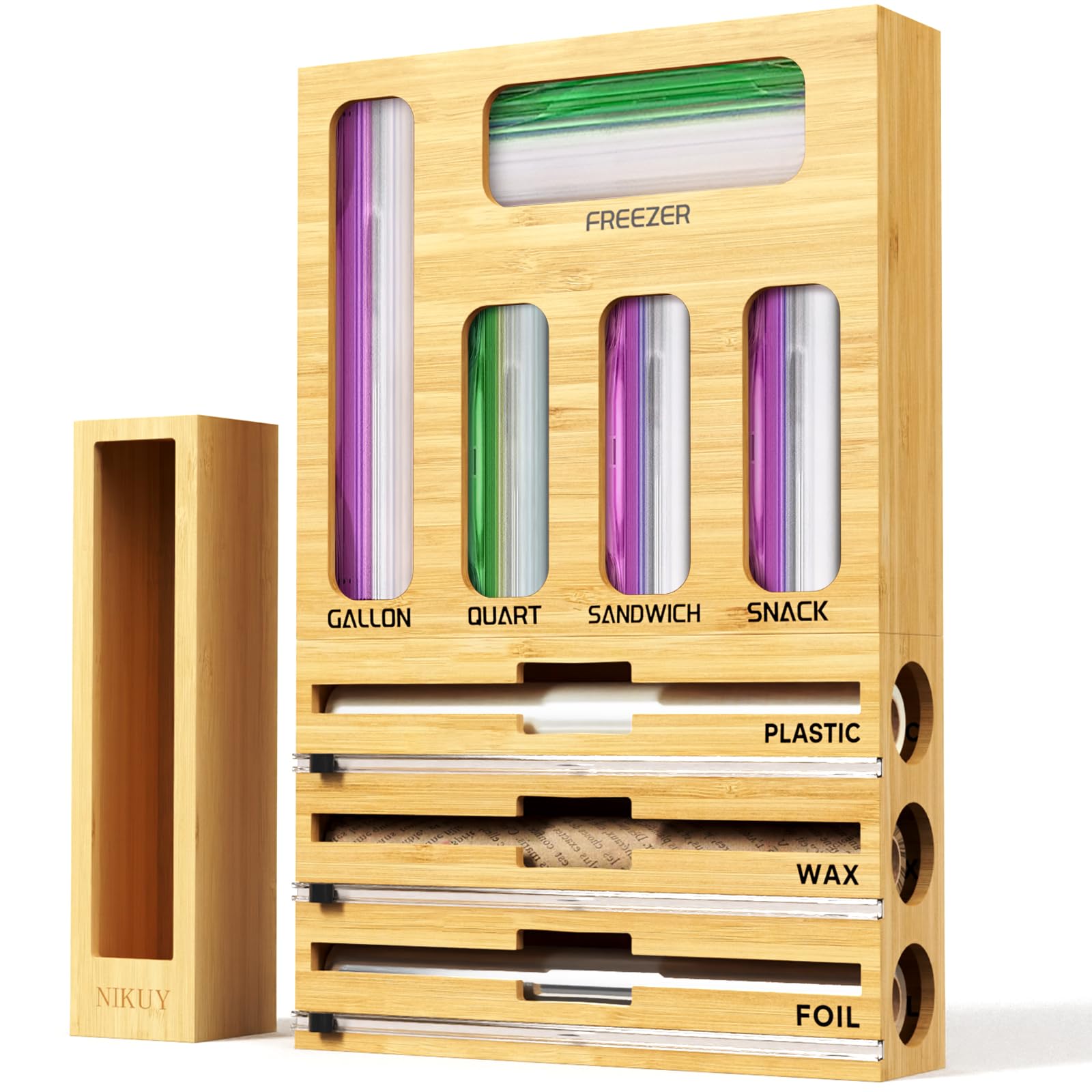 Photo 1 of NIKUY 9 IN 1 Bamboo Foil and Plastic Wrap Organizer for Kitchen Drawer, Plastic Bag Organizer Organization and Storage, Food Storage Bag Organizer with Labels for Quart Gallon Snack Sandwich Bag