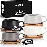 MIAMIO – 320 ml., Set of 4 Ceramic Tea Cup and Saucer Bamboo/Tea Mug - Wide Cappuccino Cup, Coffee Cups Ceramic Mug for Cappu