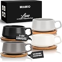 MIAMIO – 320 ml., Set of 4 Ceramic Tea Cup and Saucer Bamboo/Tea Mug - Wide Cappuccino Cup, Coffee Cups Ceramic Mug for Cappu