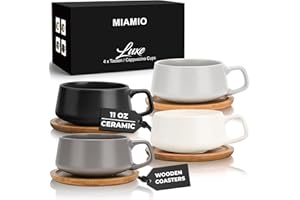 MIAMIO – 320 ml., Set of 4 Ceramic Tea Cup and Saucer Bamboo/Tea Mug - Wide Cappuccino Cup, Coffee Cups Ceramic Mug for Cappu