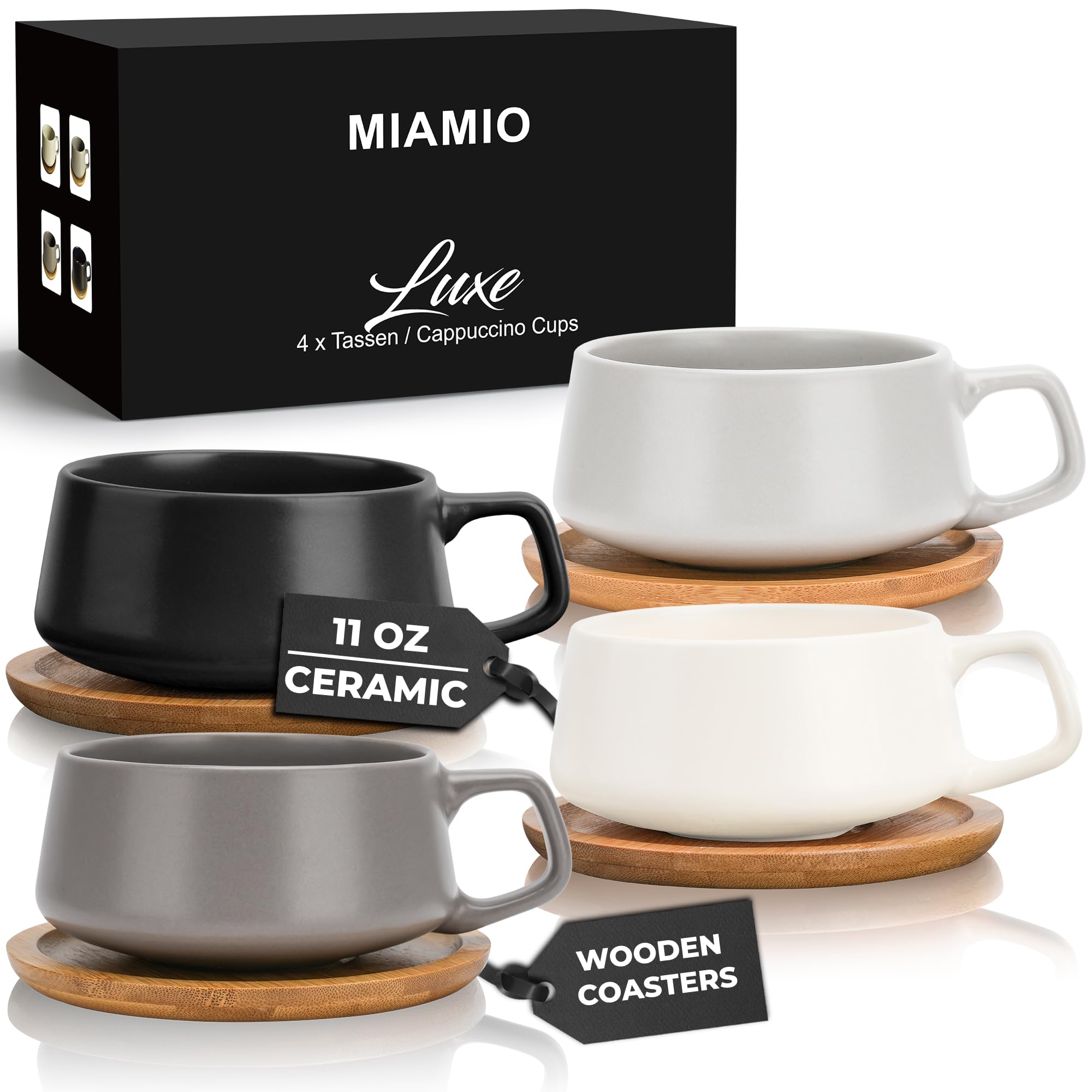 MIAMIO – 320 ml, Set of 4 Ceramic Tea Cup and Saucer Bamboo/Tea Mug - Wide Cappuccino Cup, Coffee Cups Ceramic Mug for Cappuccino, Latte, Espresso & Americano - Luxe Collection (Classic Pastel)