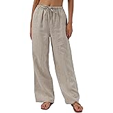 Amazhiyu Womens Pure Linen Summer Drawstring Flowy Wide Leg Pants with Pockets