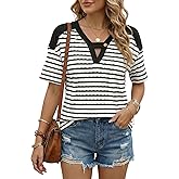 Dokotoo Women's Tops Summer Casual Short Sleeve Shirts V Neck Striped Color Block T-Shirts Blouses