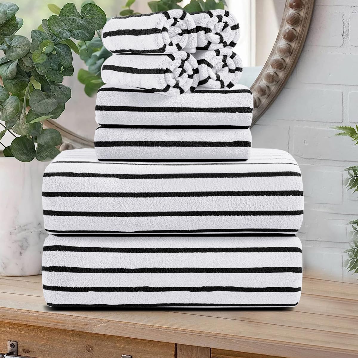 Photo 1 of Oliven 8 Pcs Black White Cabana Stripe Large Bath Towel Set Oversize Bath Sheet-2 Bathroom Towels,2 Hand Towels,4 Washcloths Soft Jumbo Absorbent Towel Quick Dry Beach Chair Spa Gym Hotel Towel