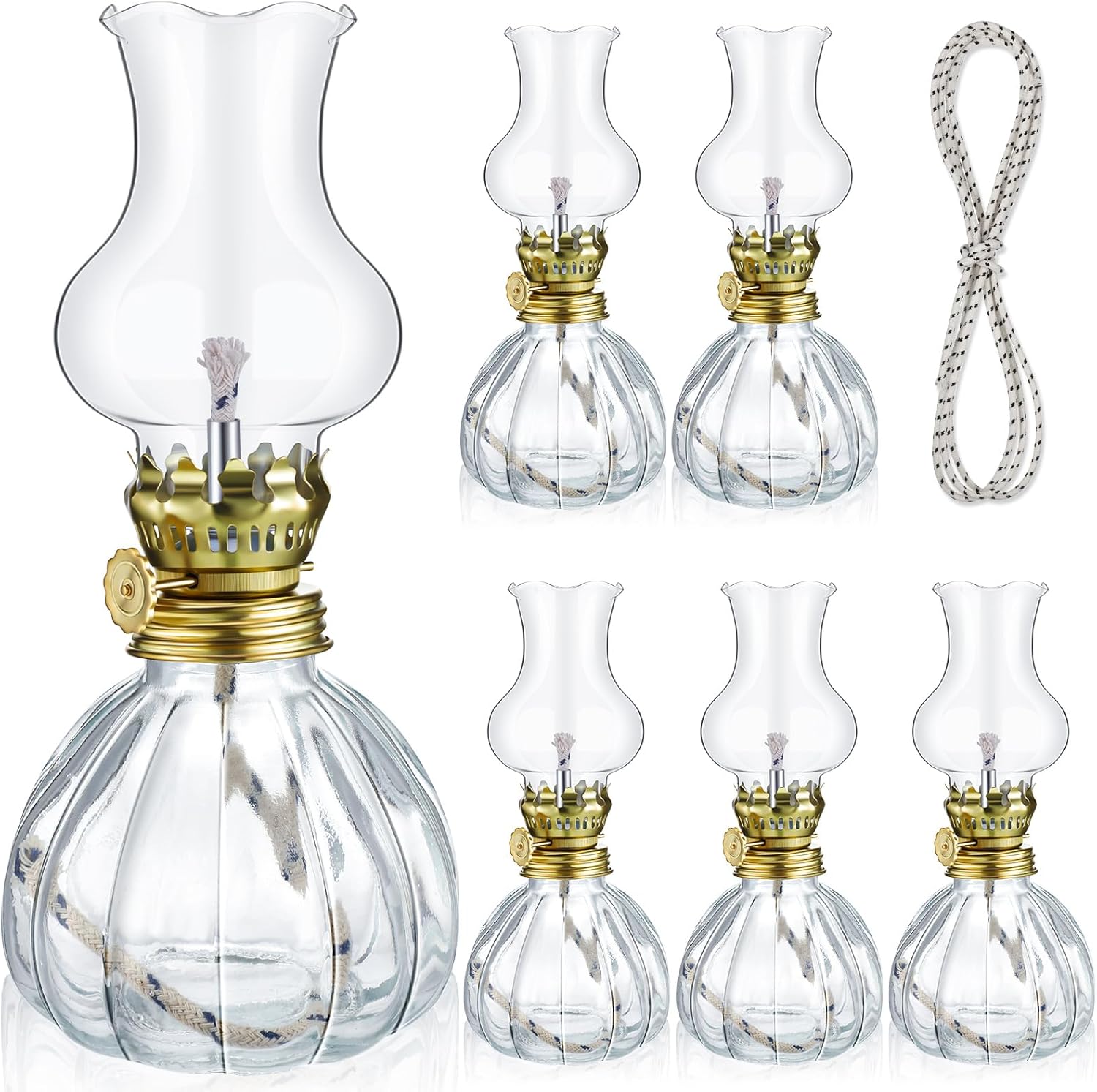 Oil Lamps & Accessories - Set of 6 Vintage Glass Kerosene Lamp Rustic Oil Lamp Lantern Chamber Oil Lamps Clear Kerosene Lamp Hurricane Lamp with 6.6 ft Extra Wick for Indoor Use Lighting Home Decor Emergency (Pumpkin Style)