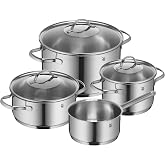 WMF Pot Set 4-Piece Provence Plus Pouring Rim Glass Lid Cromargan&reg; Stainless Steel Polished Suitable for Induction Hobs Dishwasher-Safe, Silver, 52.7 x 28.8 x 21.8 cm