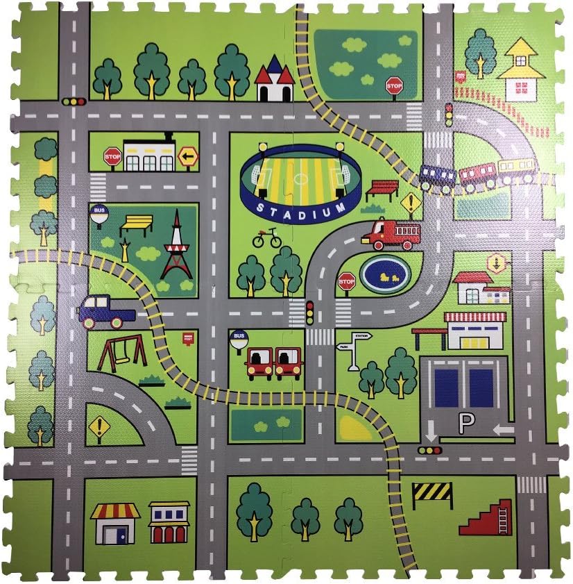 Road Rally Foam Mat For Kids - Foam Play Tiles Set of 4 Large 24 x 24 inch Pieces