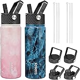 BJPKPK 2 Pack Insulated Water Bottles with Straw Lids, 22oz Stainless Steel Metal Water Bottle with 6 Lids, Leak Proof BPA Free Jugs, Cups, Flasks for Travel, Sports (Blossom+Ocean)