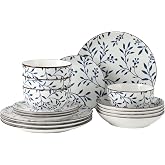 Gibson Home Palace Suite 16-Piece Dinnerware Set, Blue Floral Stoneware Plates &amp; Bowls, Service for 4, Round Durable Everyday Dish Set