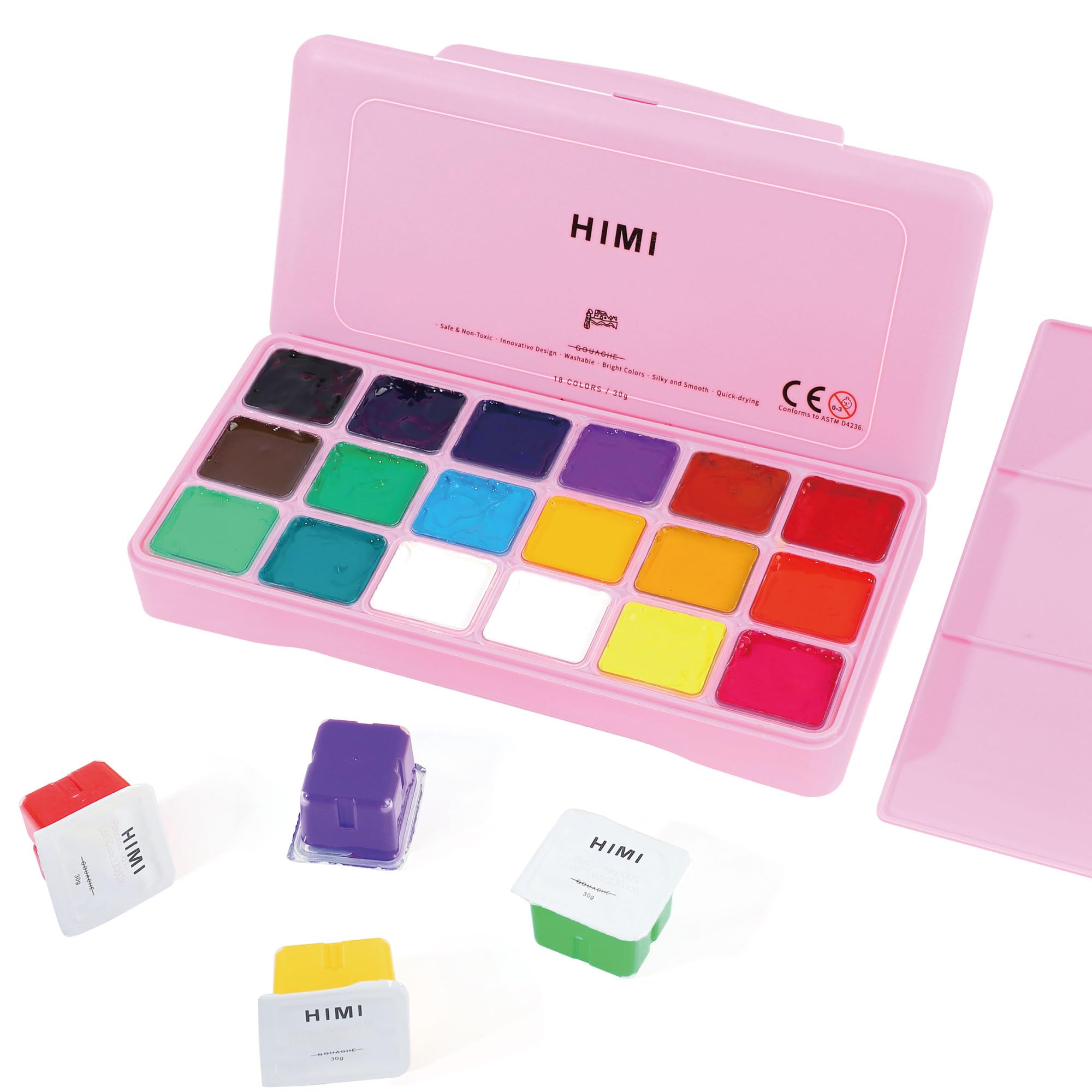 INK LAB HIMI Gouache Paint Kit 18 Vibrant Colors Non Toxic Paints Jelly Cup Design with Palette Portable for Professional Artists, Rich Pigment, 30ml/Cup