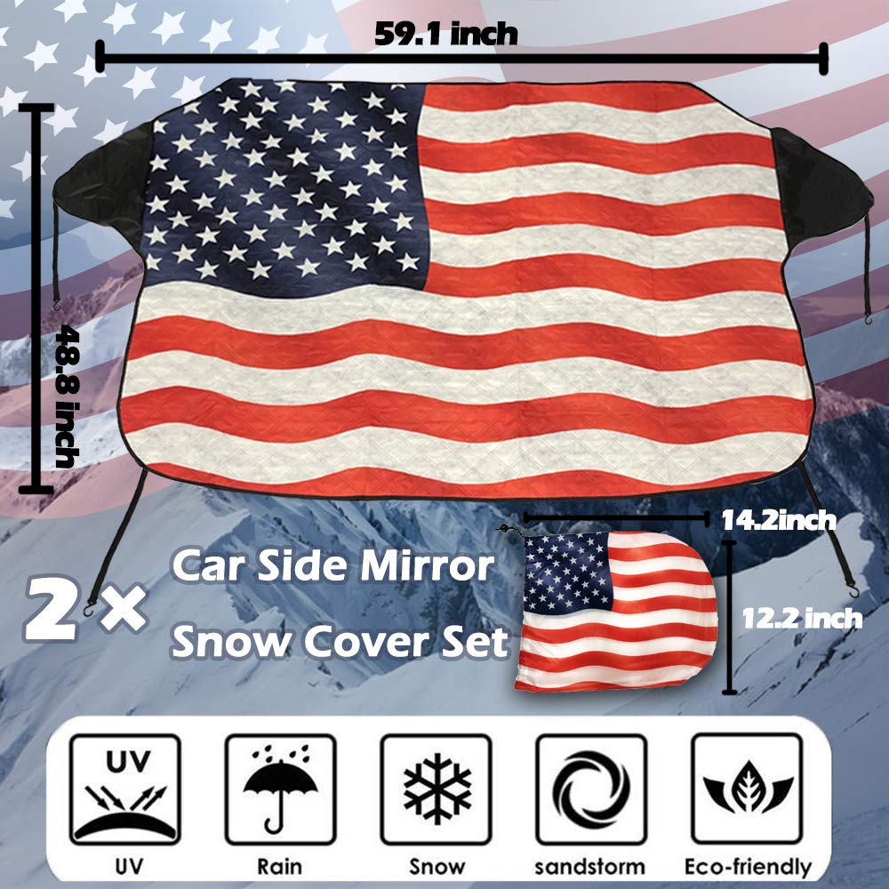 Big Hippo Windshield Snow Cover, American Flag Windshield Cover and Mirror Covers for Storage Ice Protector Windproof Car Cover in All Weather, Fit for Cars, Trucks, SUV, Vans Vehicle