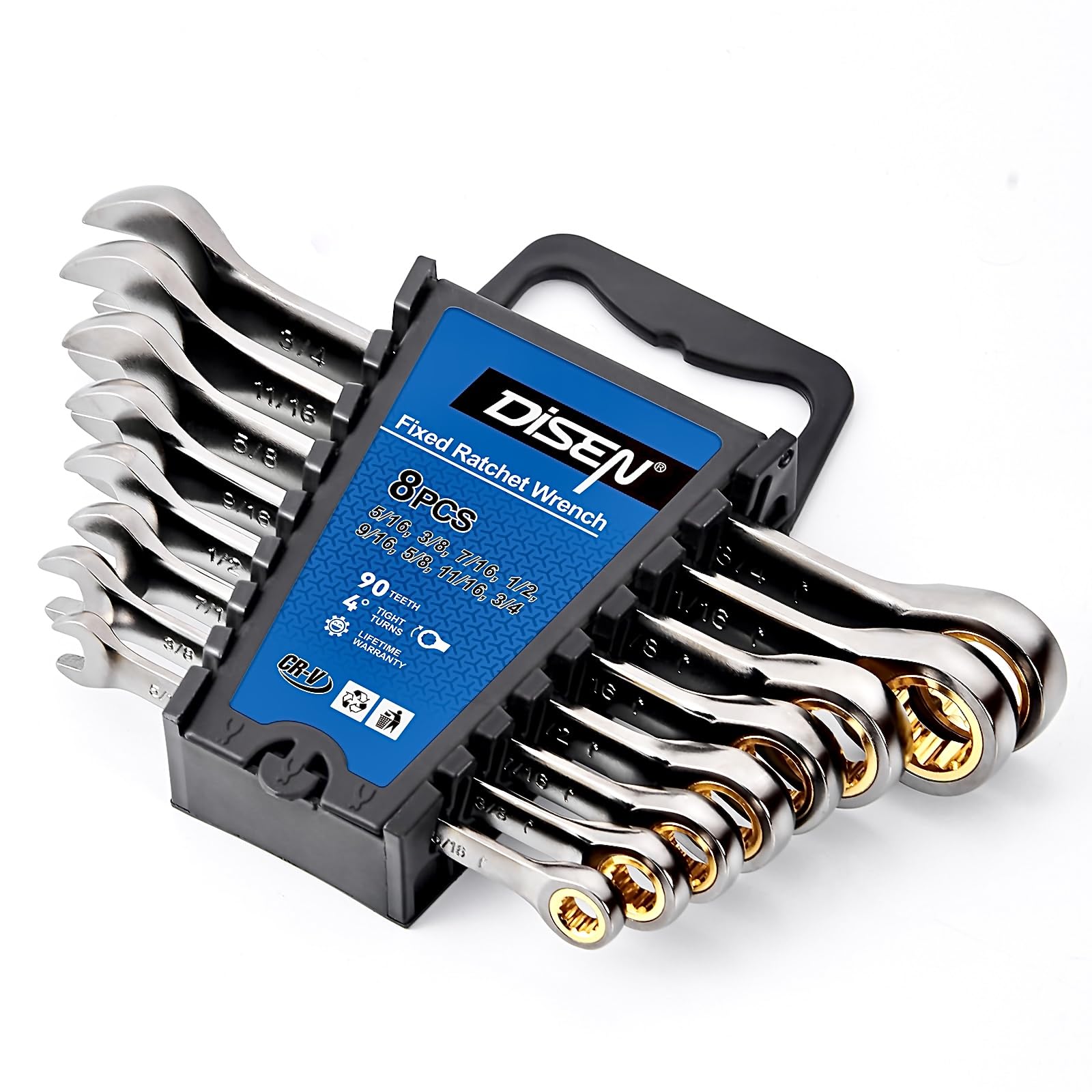 Photo 1 of DISEN Ratcheting Wrench Set SAE Upgraded Open&Box End 90 Teeth 5/16", 3/8", 7/16", 1/2", 9/16", 5/8", 11/16", 3/4" Combination Ratchet Wrenches with Organizer, Black Nickel Coated,CR-V Steel (8PCS)