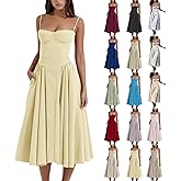 midelxp Womens Corset Dress Elegant Spaghetti Strap Bustier Midi Dress Low Cut Flowy Pleated Hem Formal Dresses with Pockets