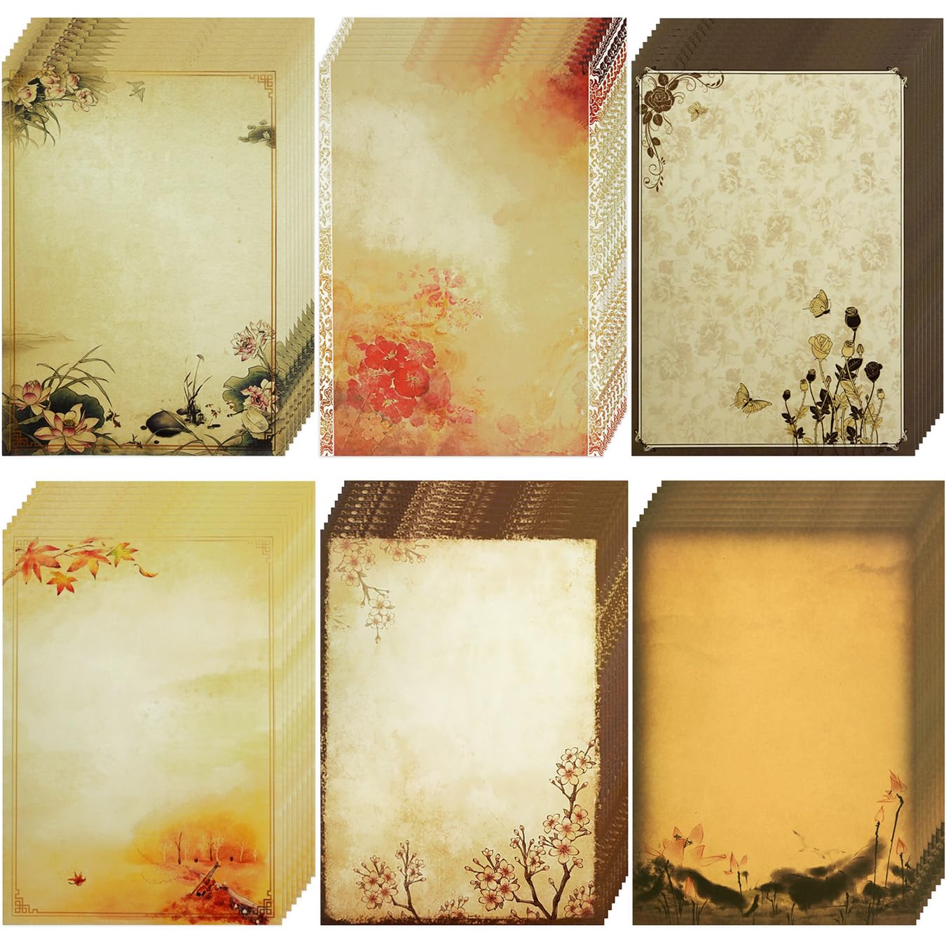 SOOKOO 48 Pcs Assorted Color Writing Stationery Paper, Letter Writing Paper Letter Sets (6 Pattern, 8 pcs per Pattern) (Style 02)