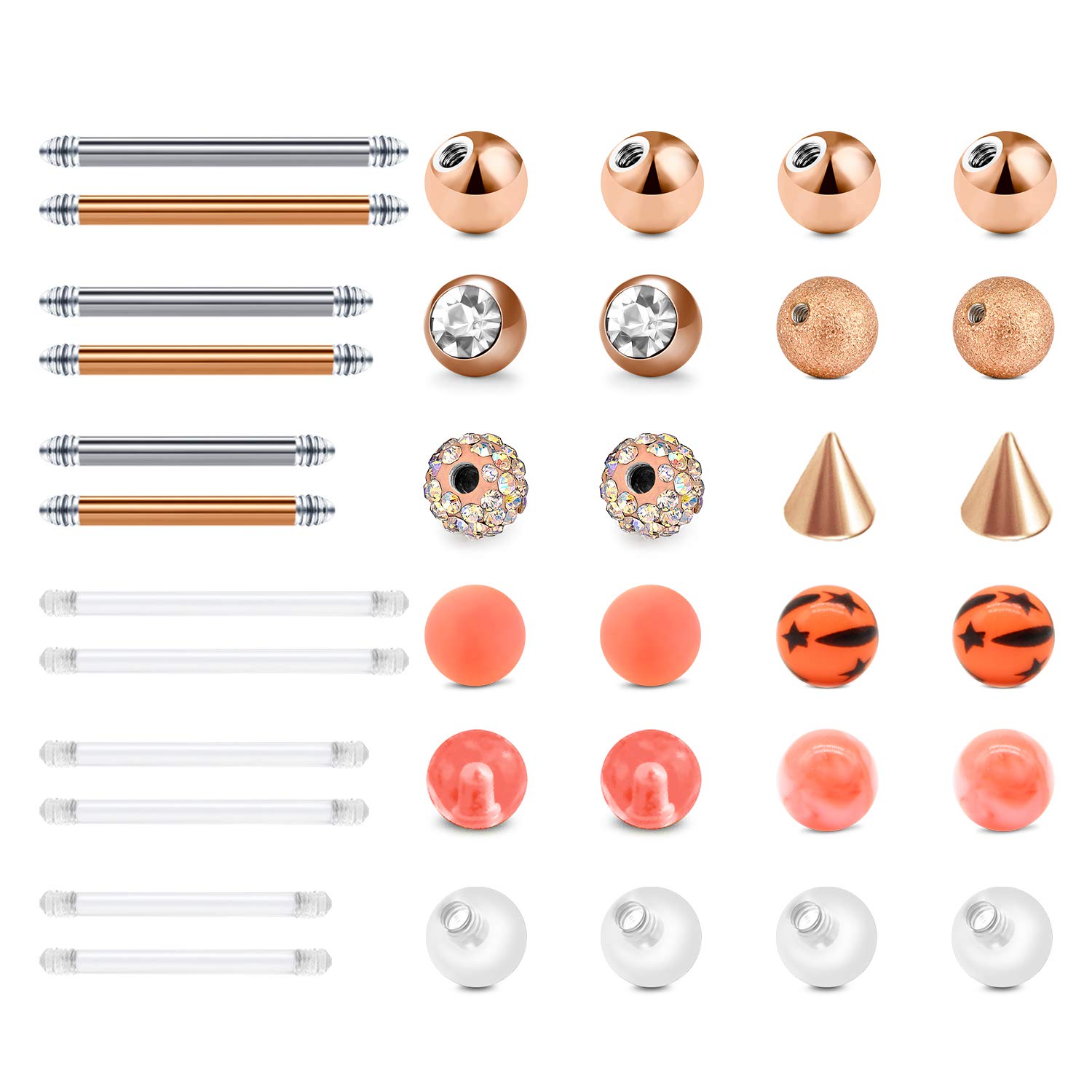 LAURITAMI 24pcs Replacement Piercing Balls Surgical Steel & Acrylic 5mm 14G Tongue Belly Nipple Industrial Bars Barbell Body Jewellery